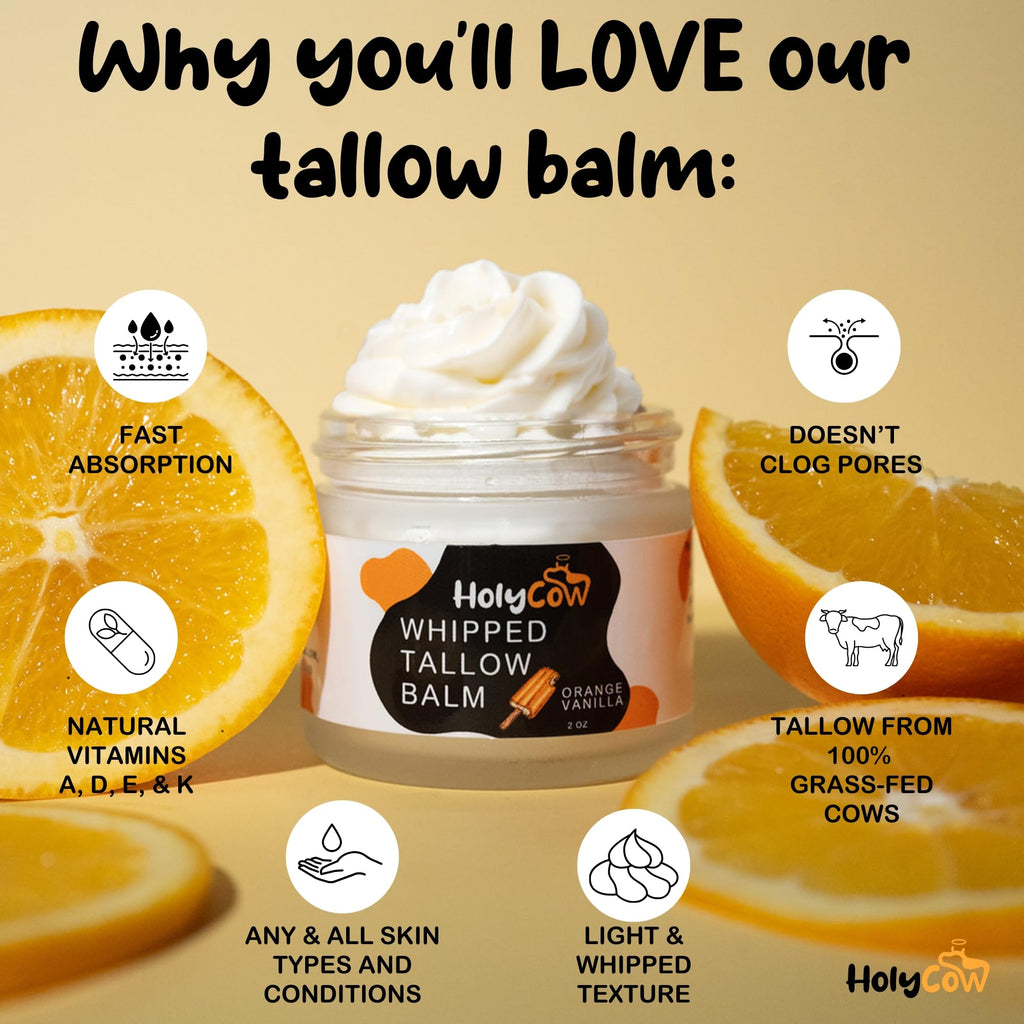 HolyCow 100% Grass Fed Beef Tallow For Skin - Whipped Tallow Balm with Organic Jojoba Oil (Unscented/Herb-Infused), Grass Fed Beef Tallow Face Moisturizer for Eczema, Baby, Lip Balm