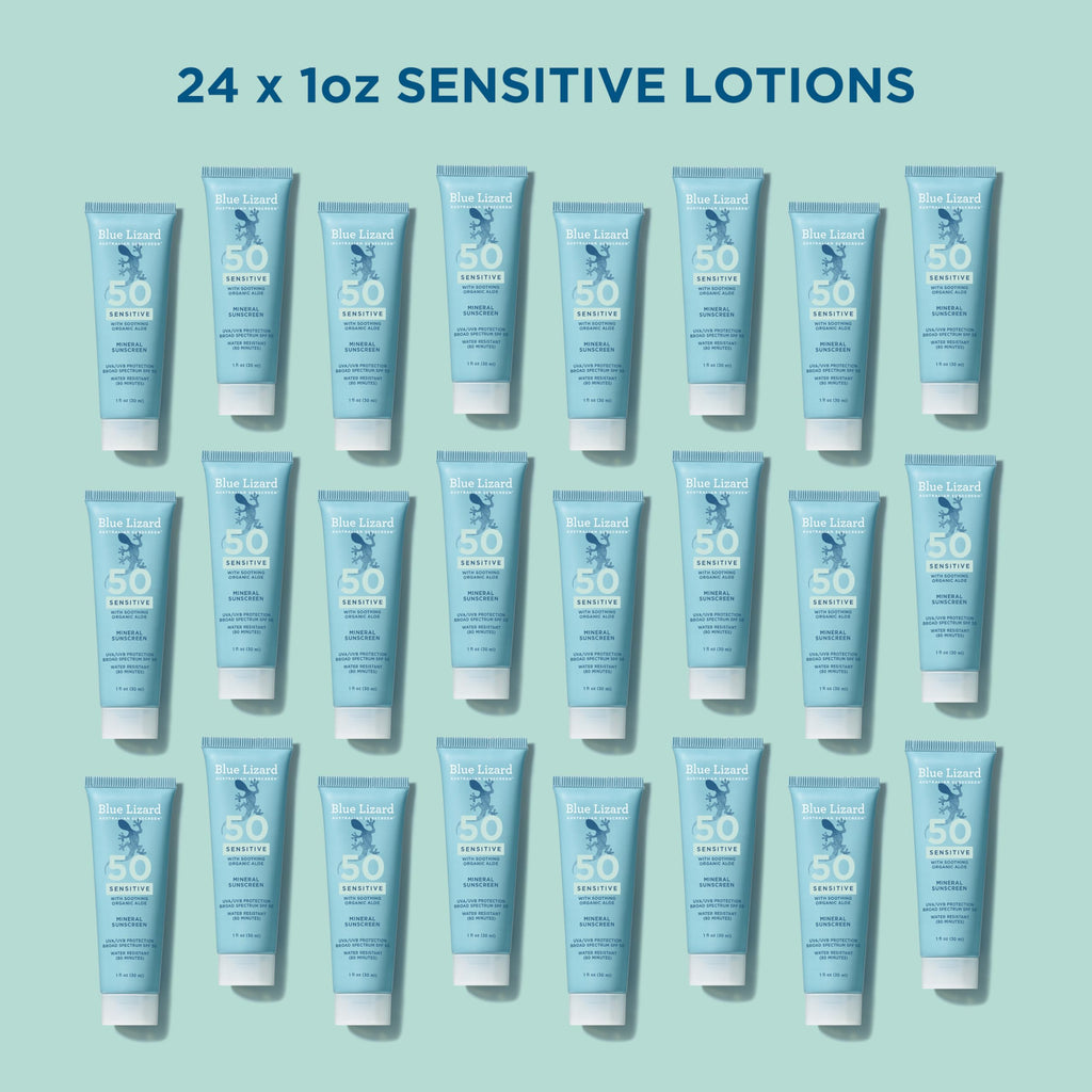 Blue Lizard Sensitive Mineral SPF 50 Sunscreen Lotion, 100% Mineral Active Sunscreen, Travel Size, UVA/UVB Protection, Infused with Organic Aloe Vera, We Love The Reef Formula, 1 fl oz, 24-Pack