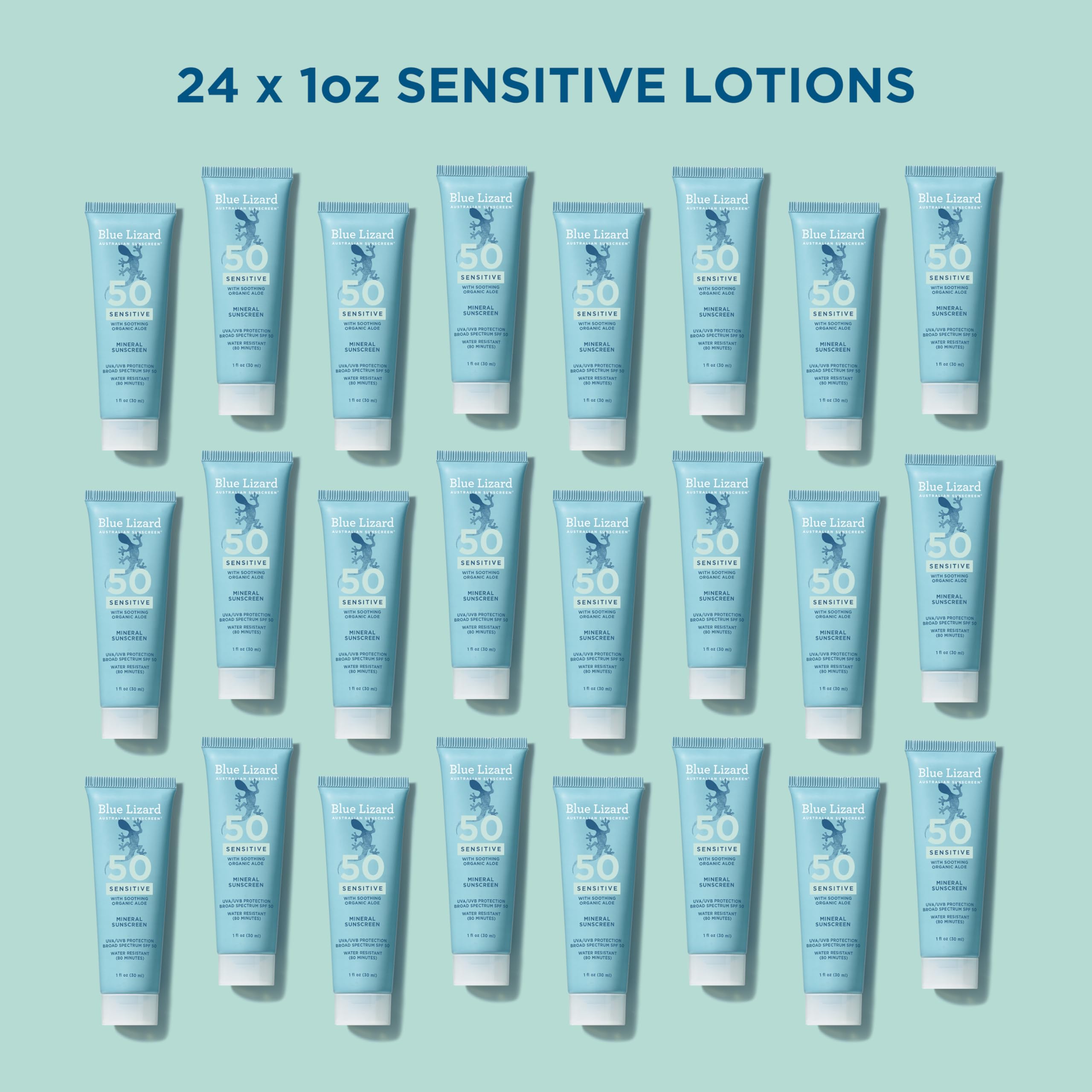 Blue Lizard Sensitive Mineral SPF 50 Sunscreen Lotion, 100% Mineral Active Sunscreen, Travel Size, UVA/UVB Protection, Infused with Organic Aloe Vera, We Love The Reef Formula, 1 fl oz, 24-Pack