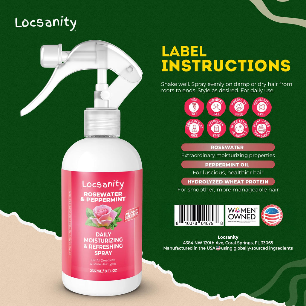 Loc Spray - Locsanity Daily Moisturizing Rosewater & Peppermint Spray for Locs, Dreadlocks - Lightweight Frizz Control Hair & Scalp Moisturizer - Natural Loc Care (8 fl oz)