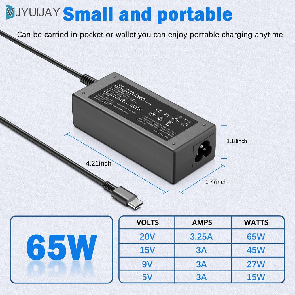 VJYUIJAY Universal 65W USB C Laptop Charger Compatible with HP chromebook Lenovo Dell Acer Asus Samsung Google Computer Type C Power AC Adapter