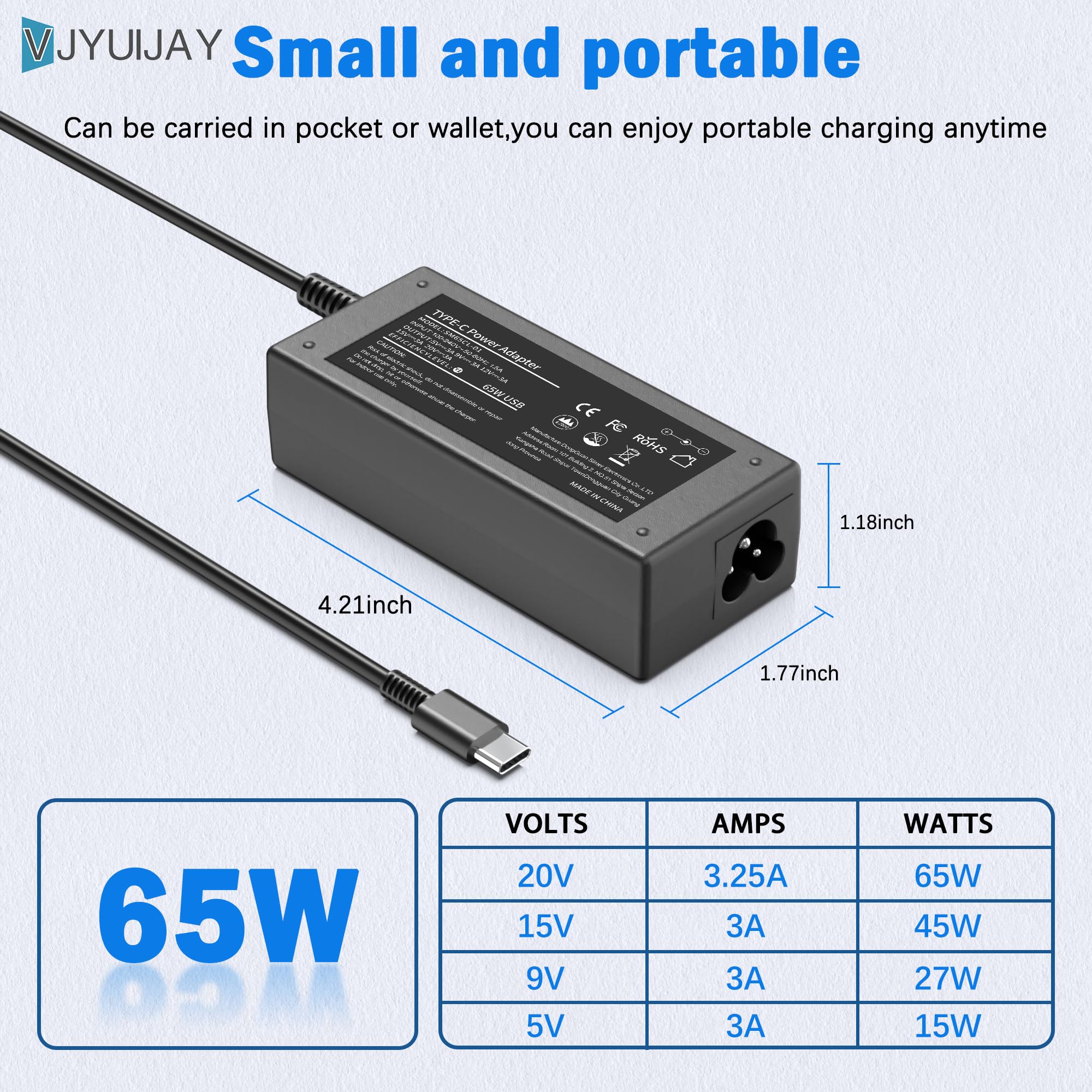 VJYUIJAY Universal 65W USB C Laptop Charger Compatible with HP chromebook Lenovo Dell Acer Asus Samsung Google Computer Type C Power AC Adapter