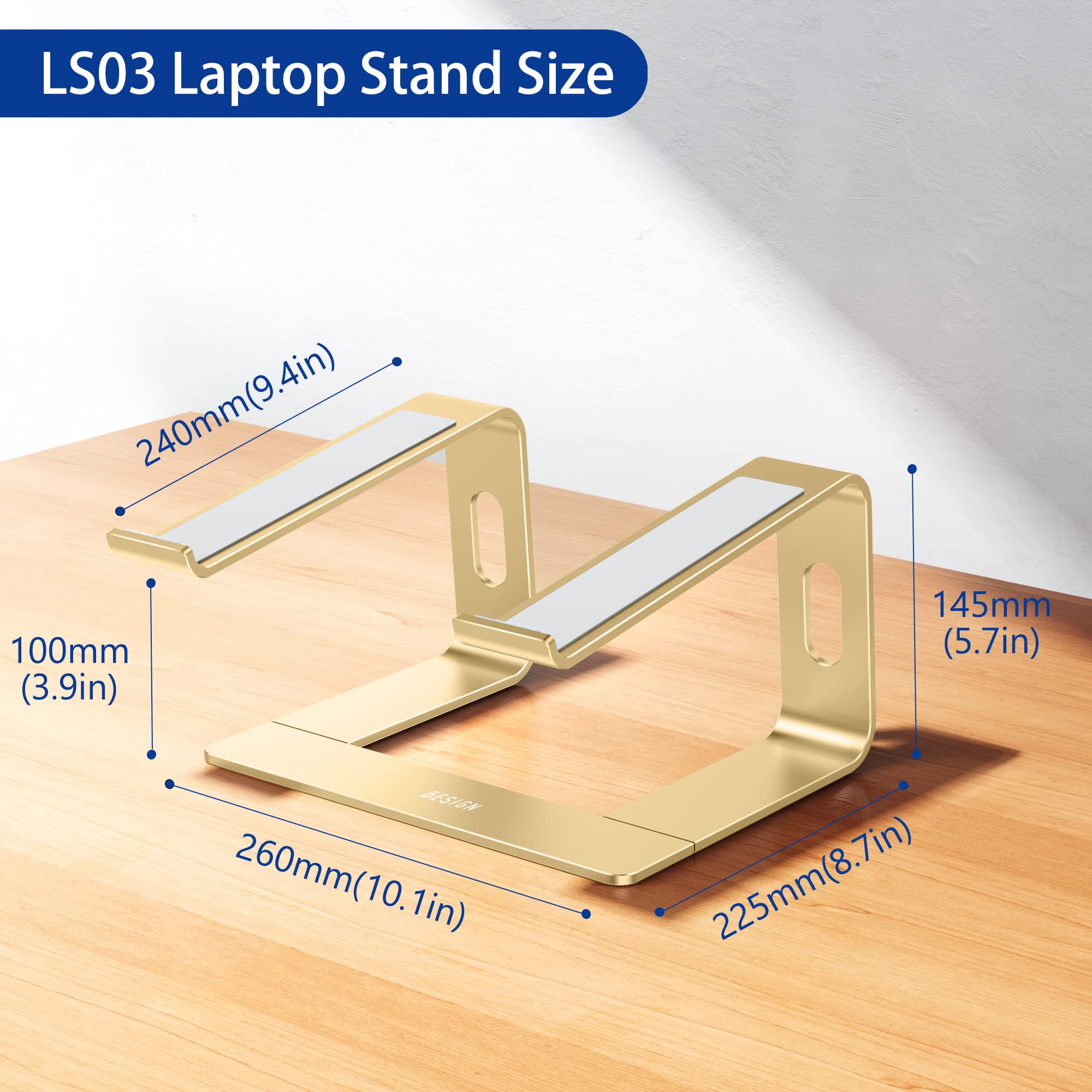 BESIGN LS03 Aluminum Laptop Stand, Ergonomic Detachable Computer Stand, Notebook Riser, Laptop Mount Compatible with Air, Pro, Dell, HP, Lenovo More 10-15.6" Laptops, Gold