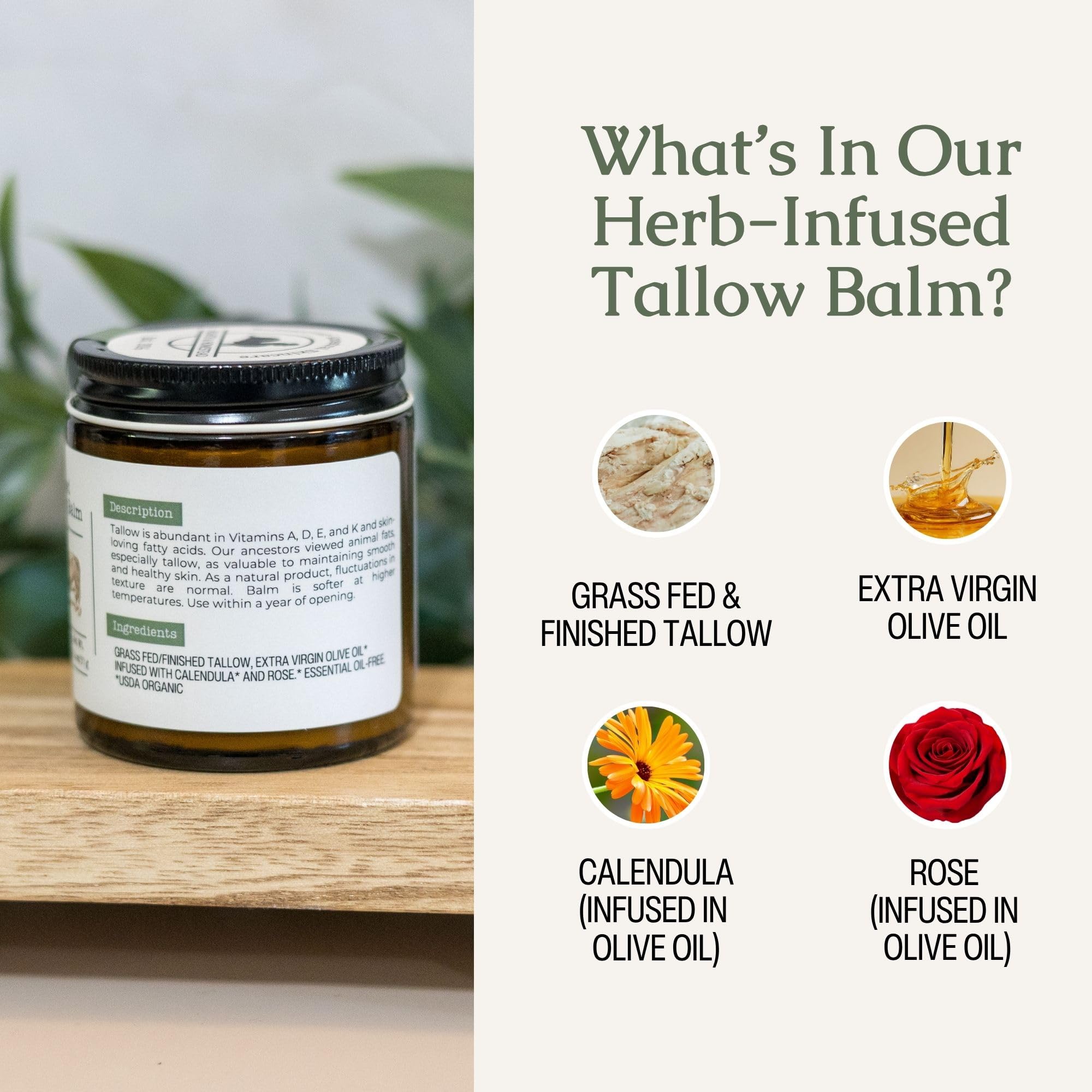 Hearth & Homestead Whipped Beef Tallow for Skin & Face - 100% Grass Fed, Eczema Cream & Body Butter - Organic Olive Oil, Calendula & Rose - Lotion & Hand Moisturizer for Dry Skin, Unscented, 2.6oz