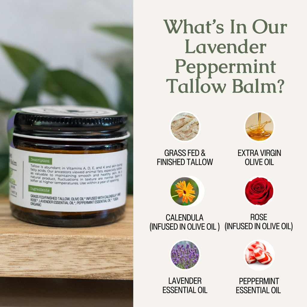 Hearth & Homestead Whipped Beef Tallow for Skin - 100% Grass Fed, Eczema Cream & Body Butter - Organic Olive Oil, Calendula & Rose - Lotion & Hand Moisturizer for Dry Skin, Lavender Peppermint, 1.3oz