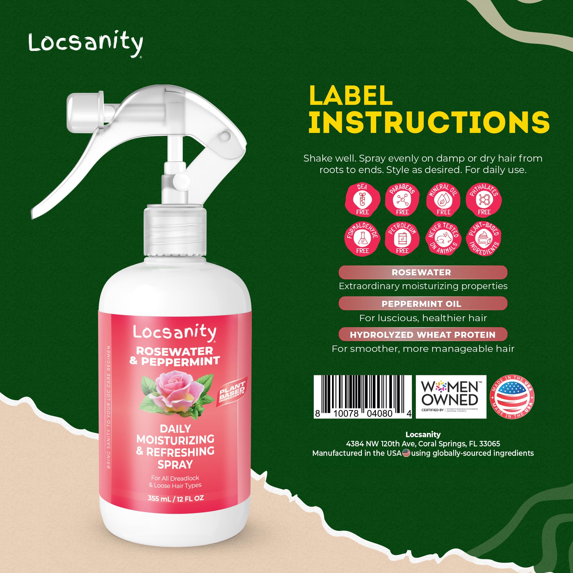 Loc Spray - Locsanity Daily Moisturizing Rosewater & Peppermint Spray for Locs, Dreadlocks - Lightweight Frizz Control Hair & Scalp Moisturizer - Natural Loc Care (12 fl oz)