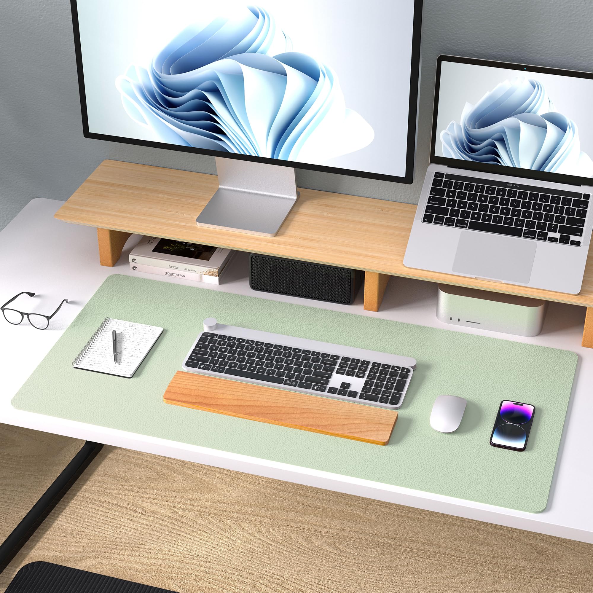 Aothia Large PU Leather Desk Pad Protector - Non-Slip Mouse Pad & Writing Mat for Office/Home, Waterproof, Easy to Clean (23.6" x 13.7", Aqua)