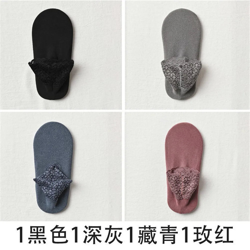 4 Pairs Casual Low Tube Lace Thermal Socks Women Thick Home Floor Socks Warm Velvet Solid Anti-slip Slippers