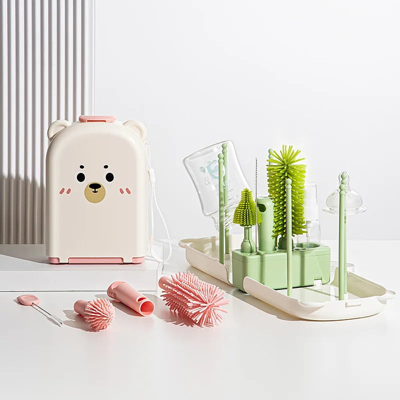Travel Baby Bottle Brush Set - Newborn Safe Silicone Cleaning Brushes with Storage Box for Bottles, Nipples & Accessories