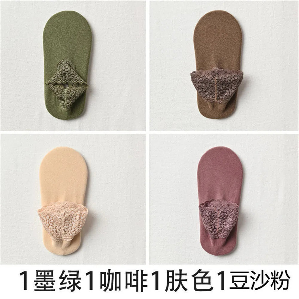 4 Pairs Casual Low Tube Lace Thermal Socks Women Thick Home Floor Socks Warm Velvet Solid Anti-slip Slippers