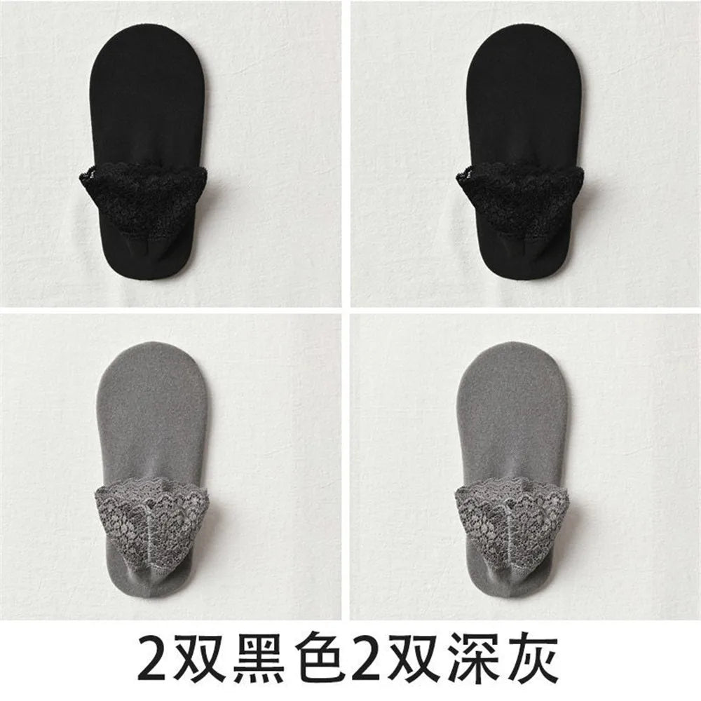 4 Pairs Casual Low Tube Lace Thermal Socks Women Thick Home Floor Socks Warm Velvet Solid Anti-slip Slippers