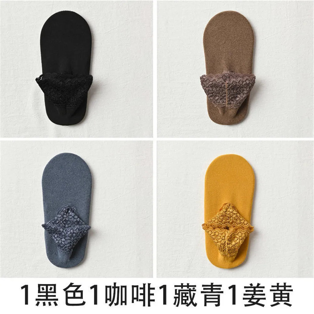 4 Pairs Casual Low Tube Lace Thermal Socks Women Thick Home Floor Socks Warm Velvet Solid Anti-slip Slippers