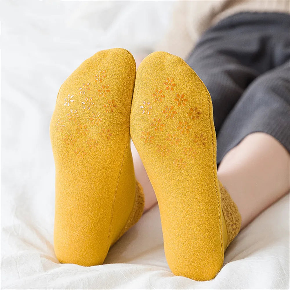 4 Pairs Casual Low Tube Lace Thermal Socks Women Thick Home Floor Socks Warm Velvet Solid Anti-slip Slippers