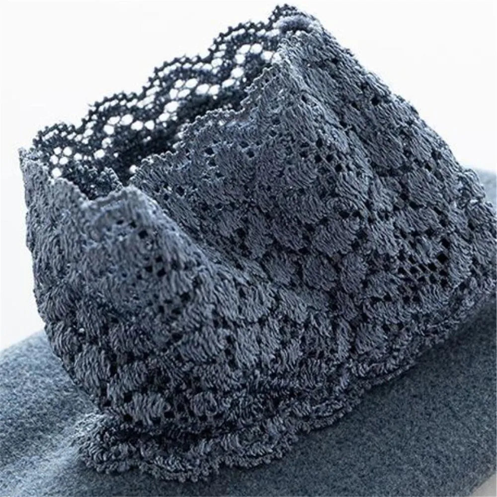 4 Pairs Casual Low Tube Lace Thermal Socks Women Thick Home Floor Socks Warm Velvet Solid Anti-slip Slippers