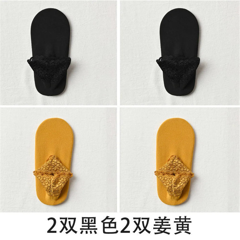 4 Pairs Casual Low Tube Lace Thermal Socks Women Thick Home Floor Socks Warm Velvet Solid Anti-slip Slippers