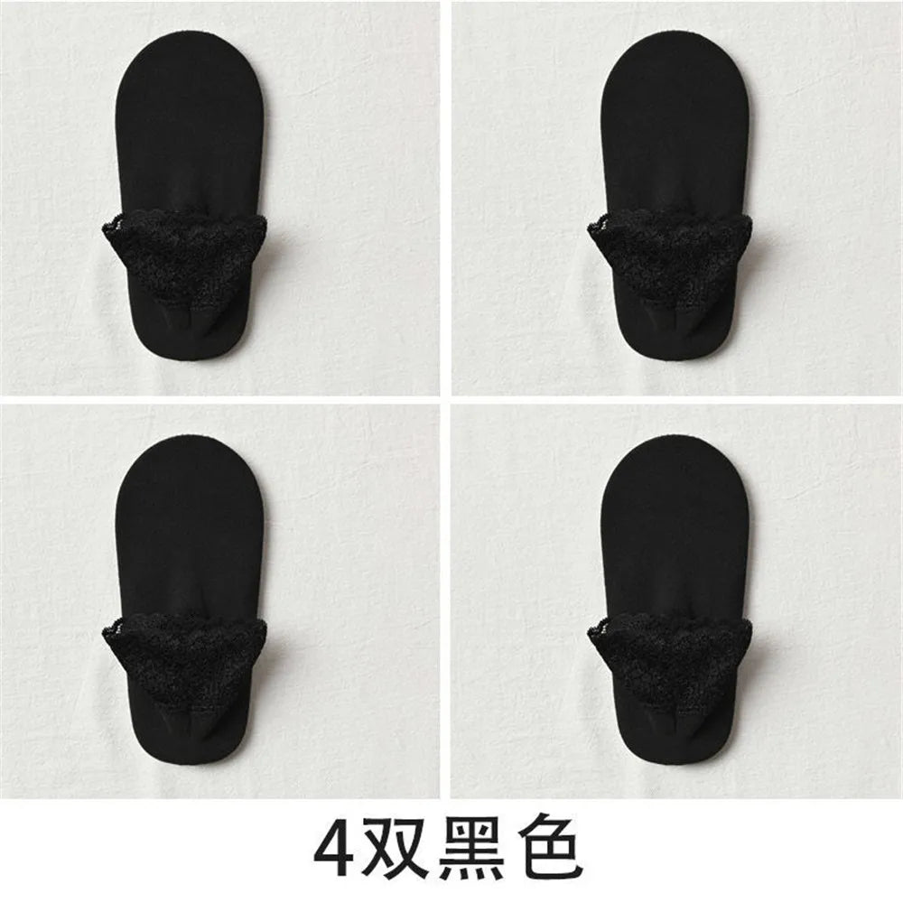 4 Pairs Casual Low Tube Lace Thermal Socks Women Thick Home Floor Socks Warm Velvet Solid Anti-slip Slippers