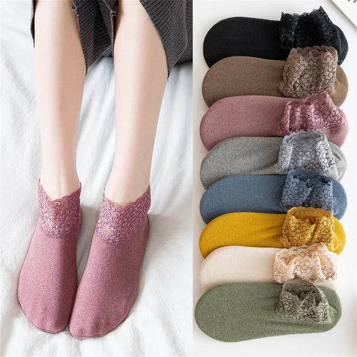 4 Pairs Casual Low Tube Lace Thermal Socks Women Thick Home Floor Socks Warm Velvet Solid Anti-slip Slippers