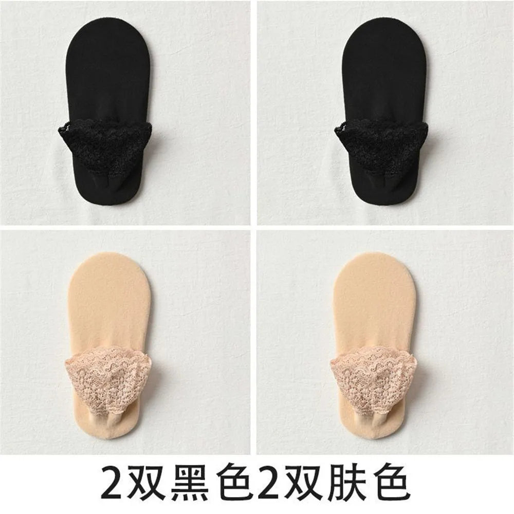 4 Pairs Casual Low Tube Lace Thermal Socks Women Thick Home Floor Socks Warm Velvet Solid Anti-slip Slippers