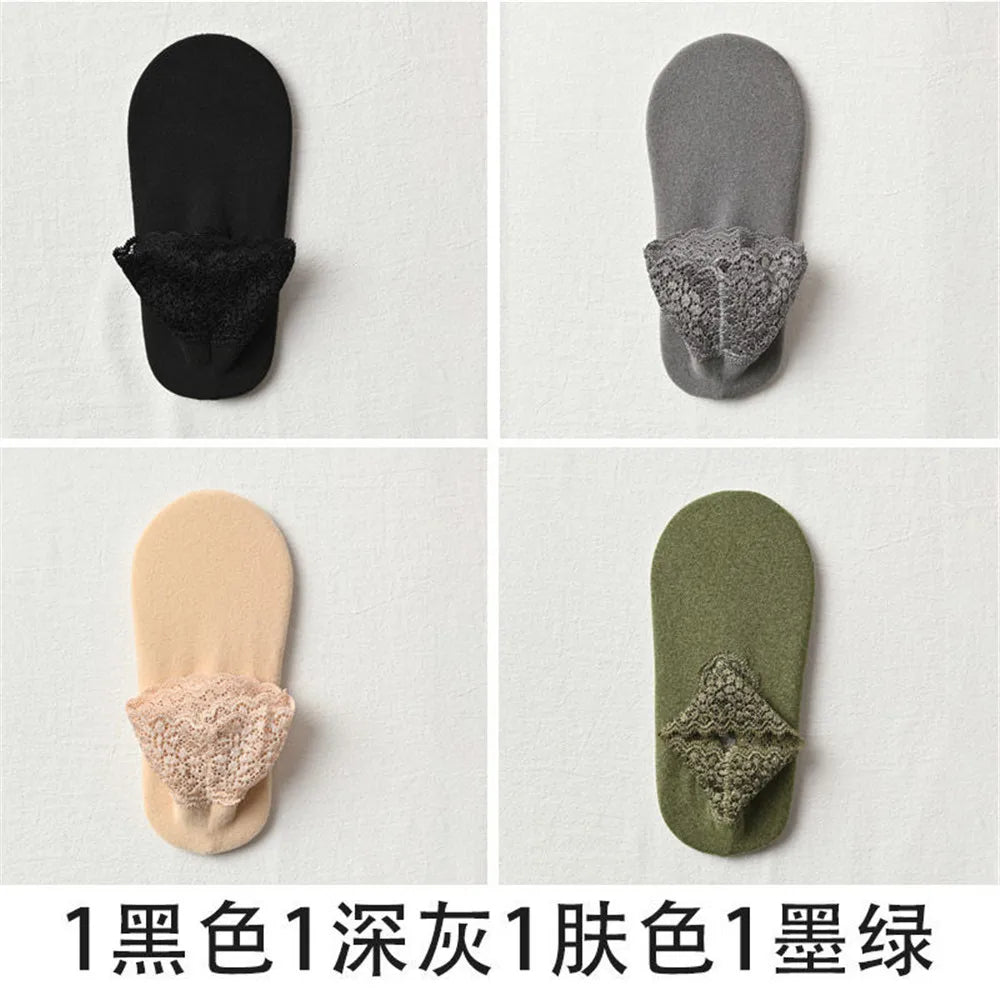 4 Pairs Casual Low Tube Lace Thermal Socks Women Thick Home Floor Socks Warm Velvet Solid Anti-slip Slippers